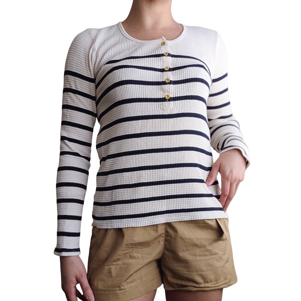 J.Crew Coastal Preppy Casual Navy Blue Stripe Waffle Knit Long Sleeve Top